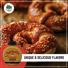 Dipping action with pretzels and honey mustard for a tangy snack