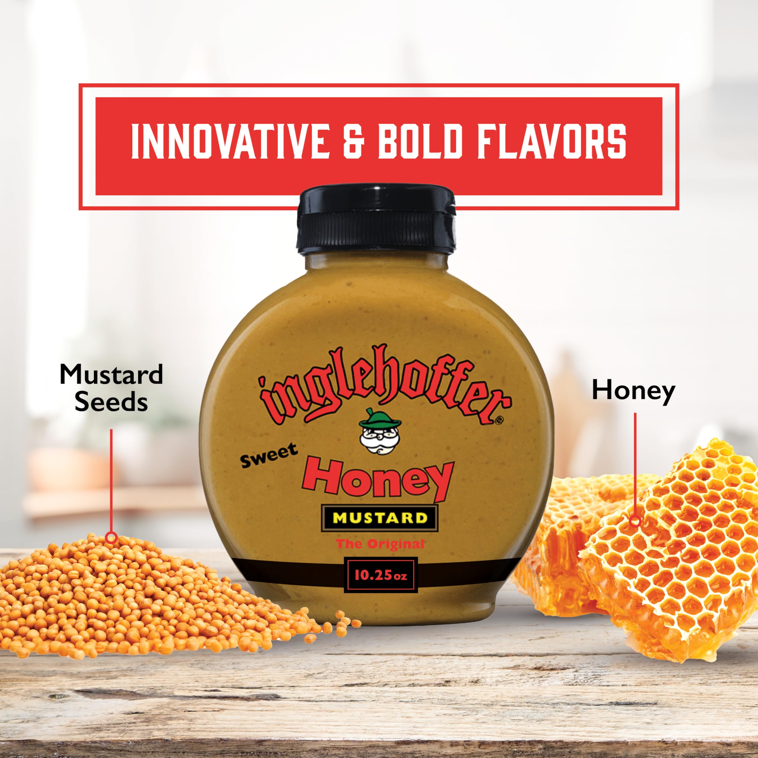 Pour shot of Inglehoffer honey mustard ideal for burgers and grilled chicken
