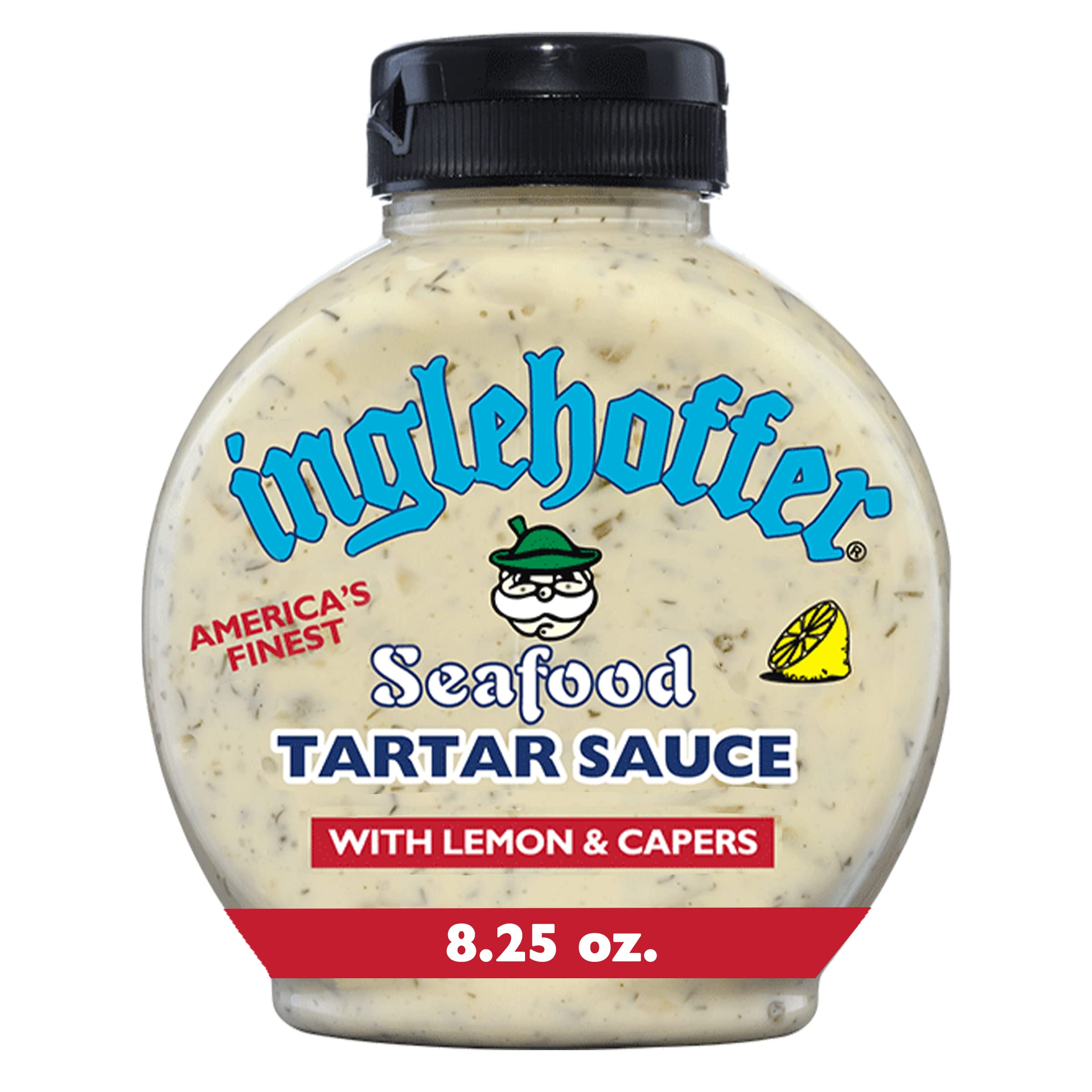 Inglehoffer Seafood Tartar Sauce bottle on table, ideal for seafood dips and sandwiches.