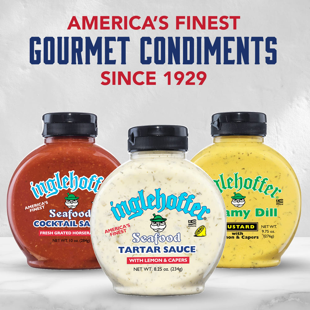 Inglehoffer Seafood Tartar Sauce squeeze bottle being squeezed, perfect for fish sandwiches and marinades.