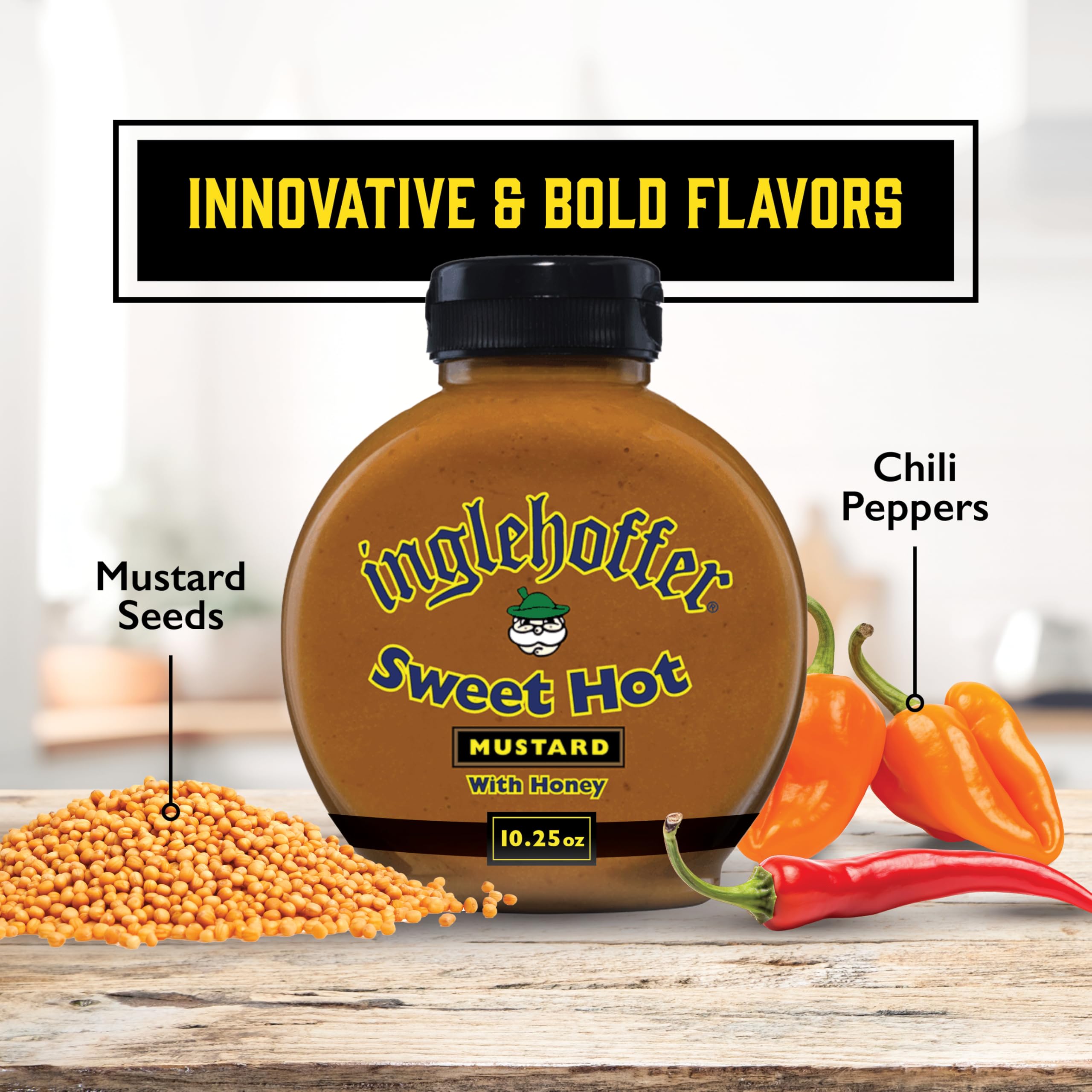 Inglehoffer Sweet Hot Mustard dipping sauce enhances pretzels and chicken