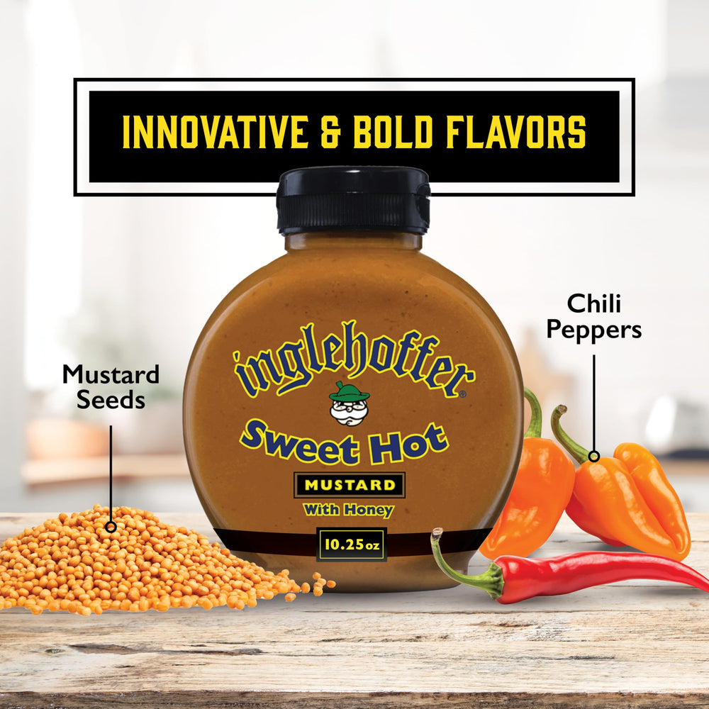 Inglehoffer Sweet Hot Mustard dipping sauce enhances pretzels and chicken