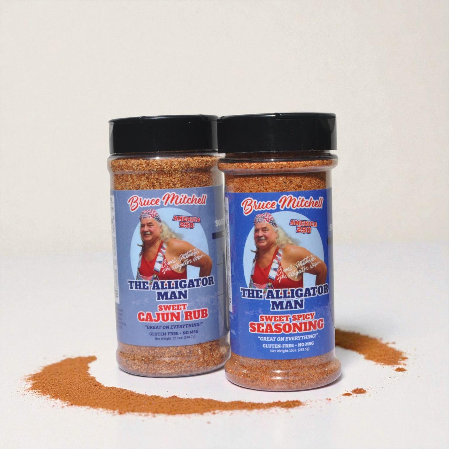 Ingredients and bottle artistry of The Alligator Man seasonings.