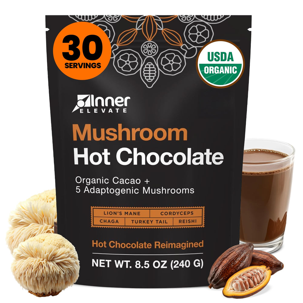 Inner Elevate Mushroom Hot Chocolate with a steaming cup for a comforting energy boost