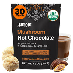 Inner Elevate Mushroom Hot Chocolate with a steaming cup for a comforting energy boost