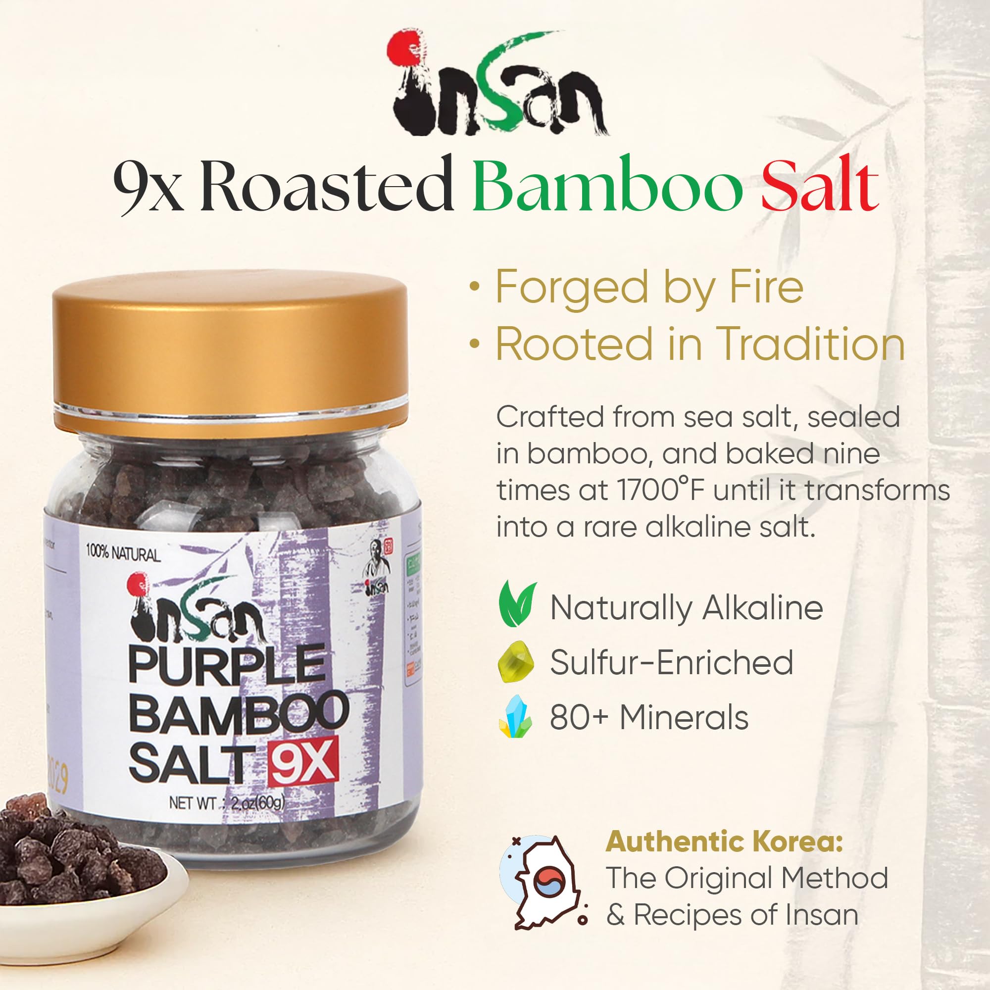 INSAN Bamboo Salt 9X Roasted bottle pour highlights easy seasoning with high-alkaline mineral content.