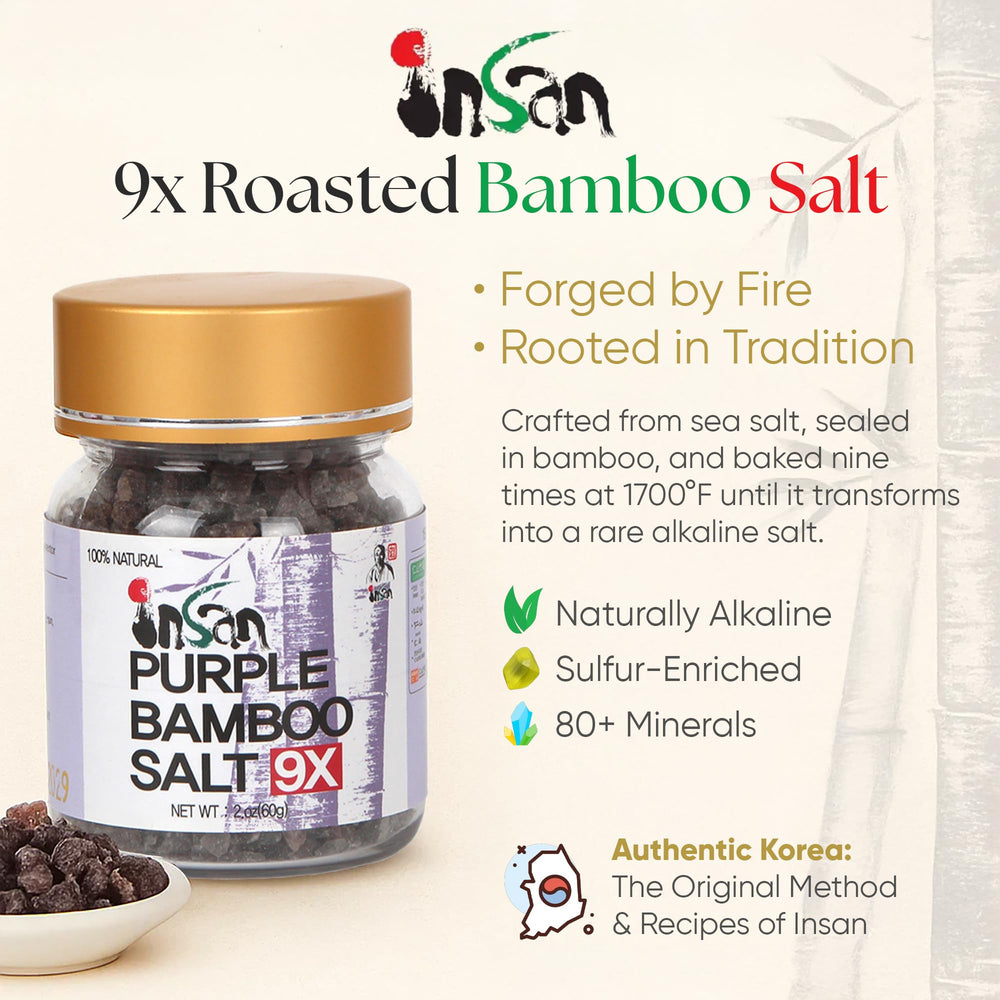 INSAN Bamboo Salt 9X Roasted bottle pour highlights easy seasoning with high-alkaline mineral content.
