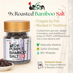 INSAN Bamboo Salt 9X Roasted bottle pour highlights easy seasoning with high-alkaline mineral content.