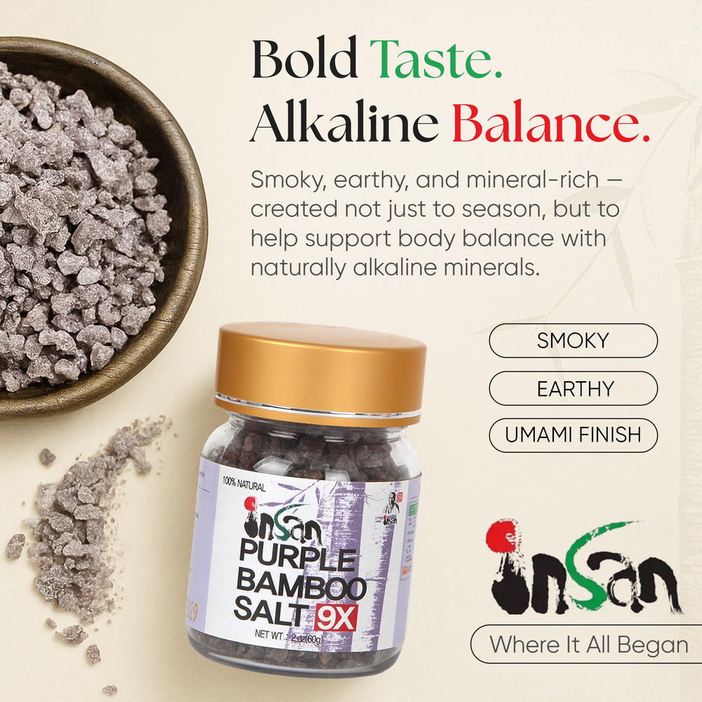 INSAN Bamboo Salt 9X Roasted dish surface shows shimmering crystals enhancing soups and stir-fries.