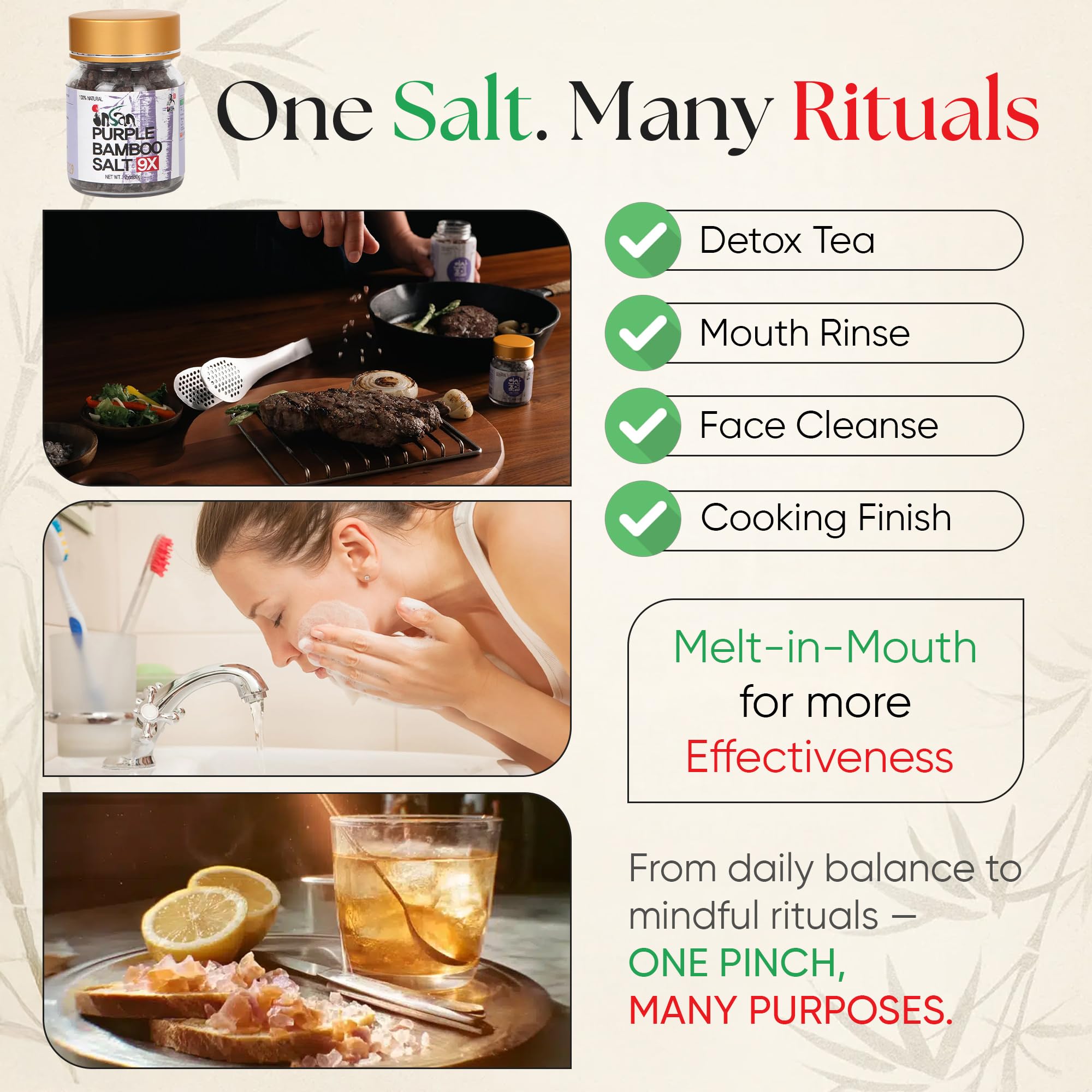 INSAN Bamboo Salt 9X Roasted Korean delicacies image suggests authentic flavor in kimchi and stews.