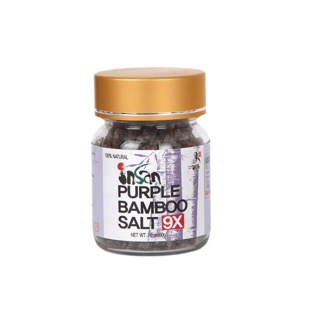 INSAN Bamboo Salt 9X Roasted packaging jar reveals mineral-rich crystals for versatile cooking.