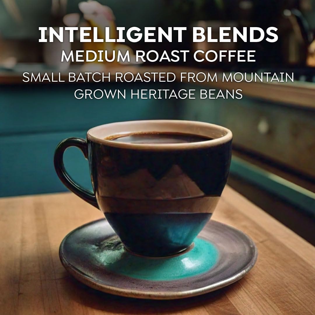 Intelligent Blends 100% Arabica beans label on coffee pod packaging, highlighting quality and ethics.