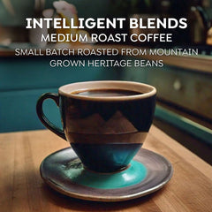 Intelligent Blends 100% Arabica beans label on coffee pod packaging, highlighting quality and ethics.