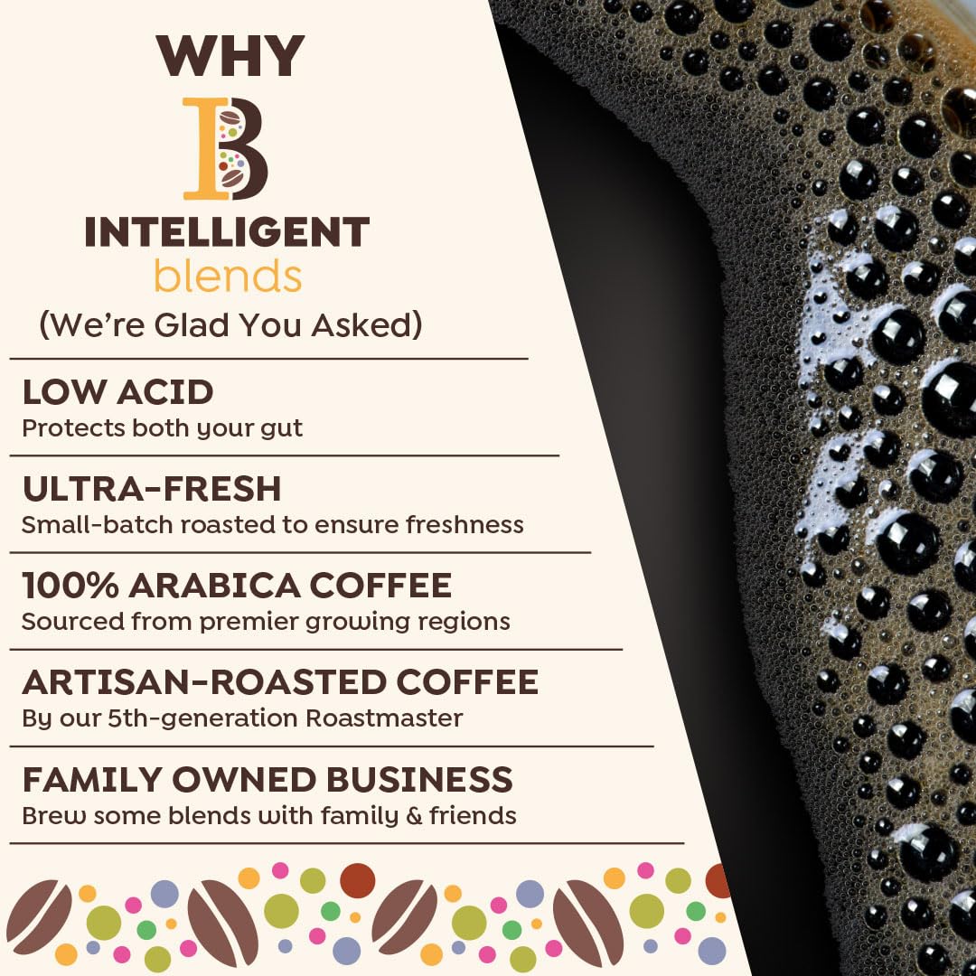 Intelligent Blends 100% Arabica beans closeup highlighting premium quality.
