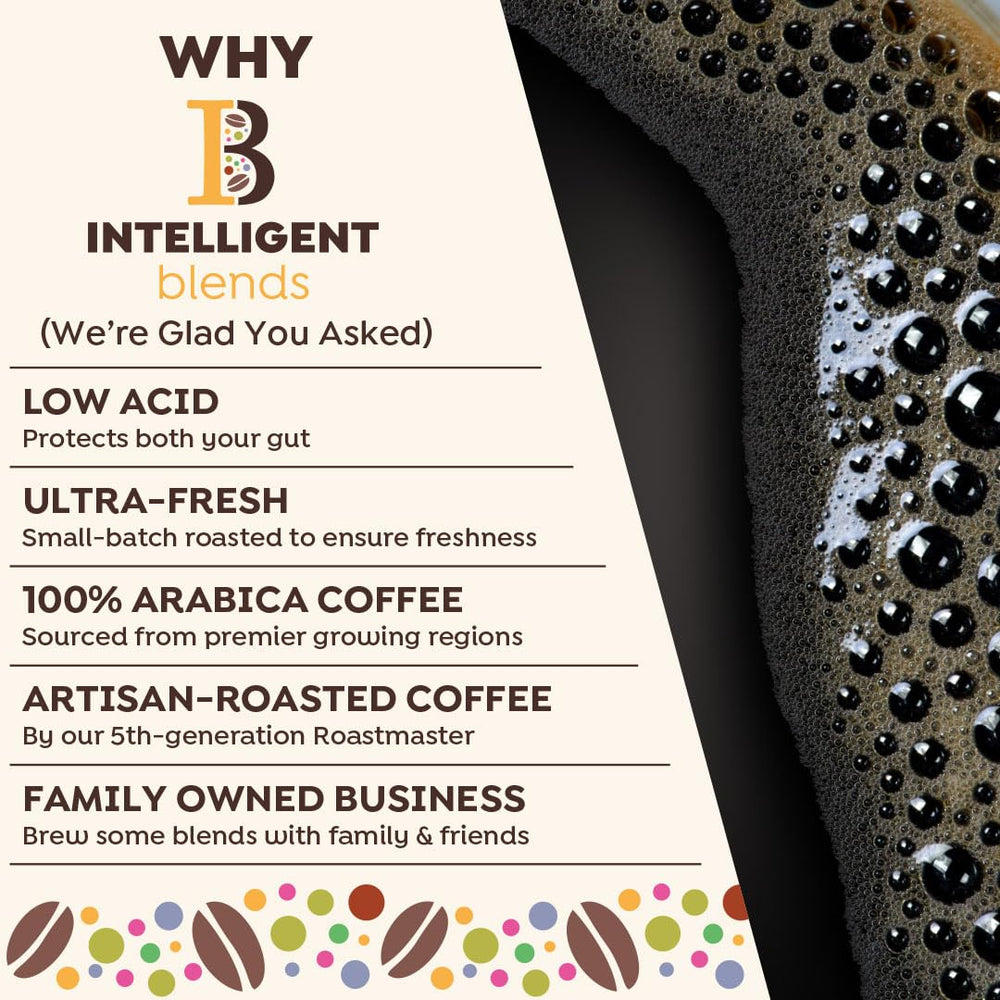 Intelligent Blends 100% Arabica beans closeup highlighting premium quality.