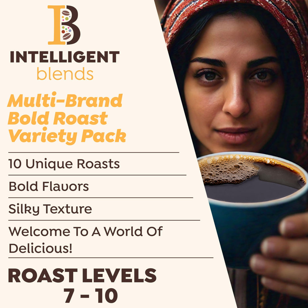 California-roasted Intelligent Blends coffee pods ready for grinding and brewing.