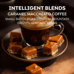 Close-up of Intelligent Blends Caramel Macchiato pod before brewing, showcasing premium Arabica notes for a smooth cup.