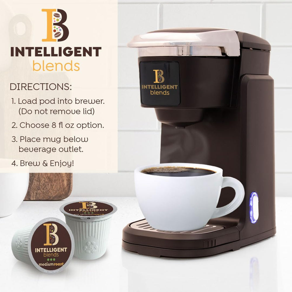 Intelligent Blends coffee pods ready for home use with rich flavor for any meal.