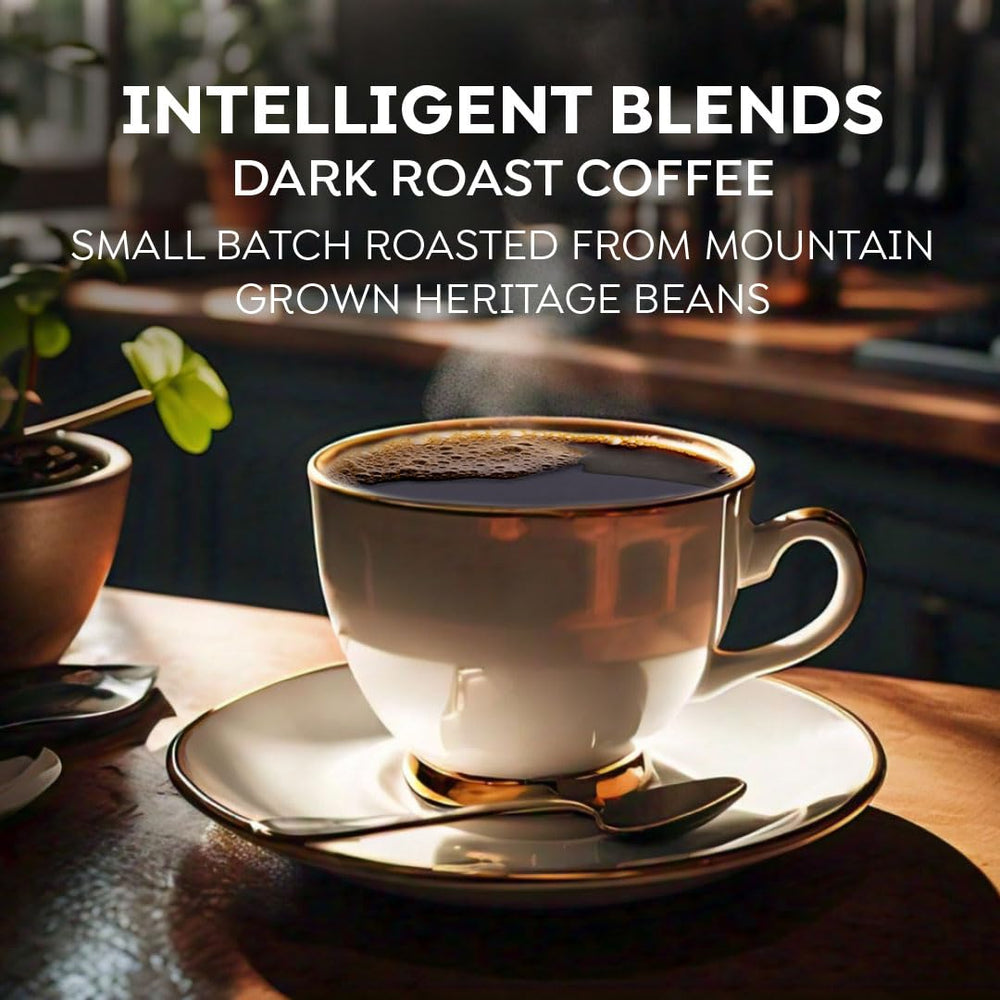 Intelligent Blends Dark Roast pods bag highlights premium beans and aroma.