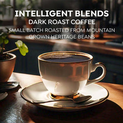 Intelligent Blends Dark Roast pods bag highlights premium beans and aroma.