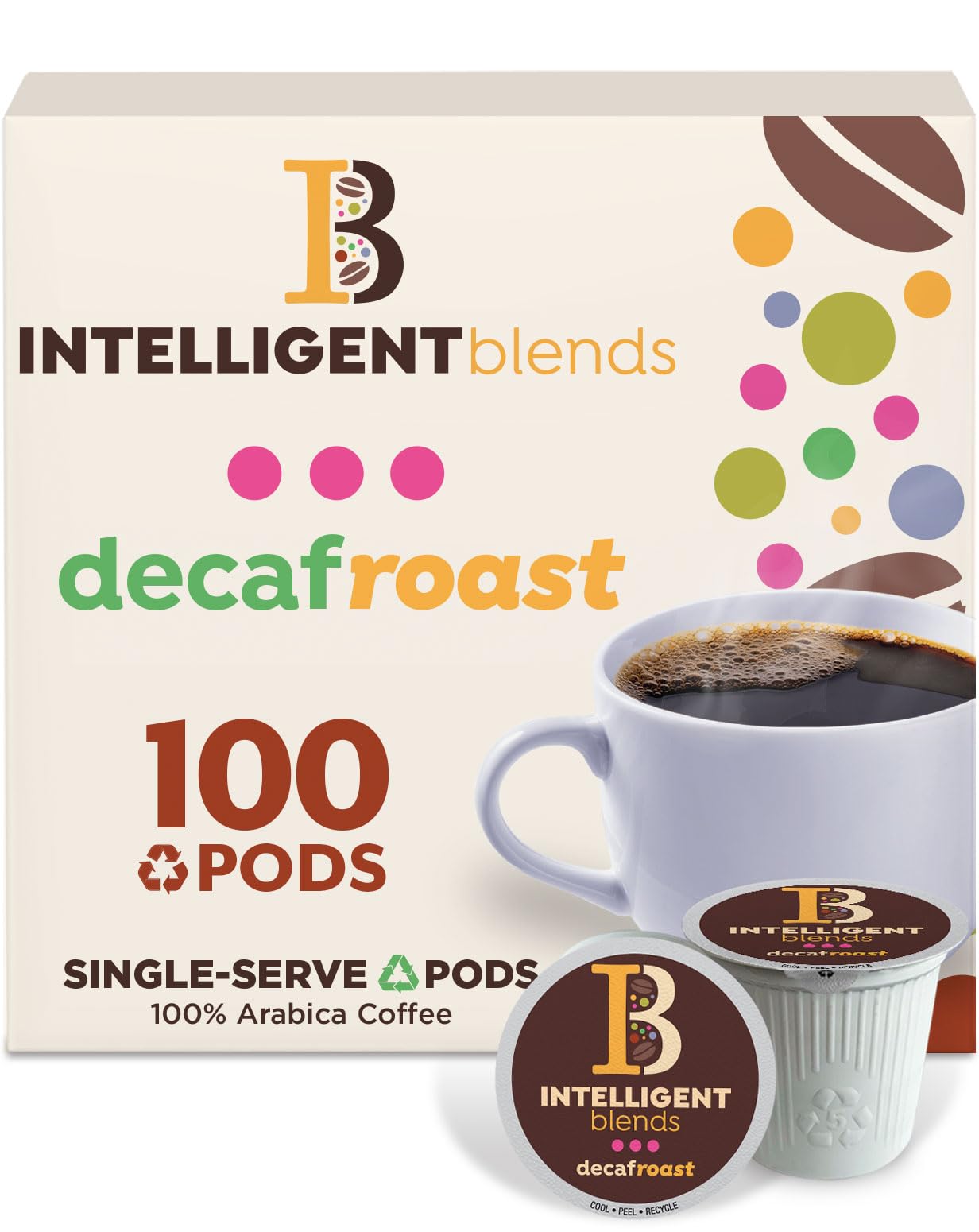 Intelligent Blends Decaf Dark Roast pods in box front showing balanced flavor for daily coffee.