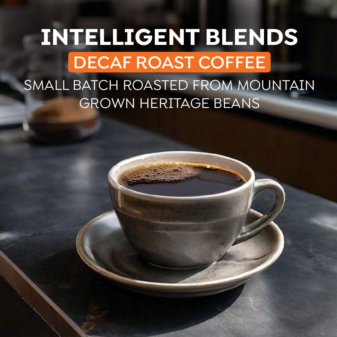 Intelligent Blends decaf pods brewing a smooth, bright cup at home.