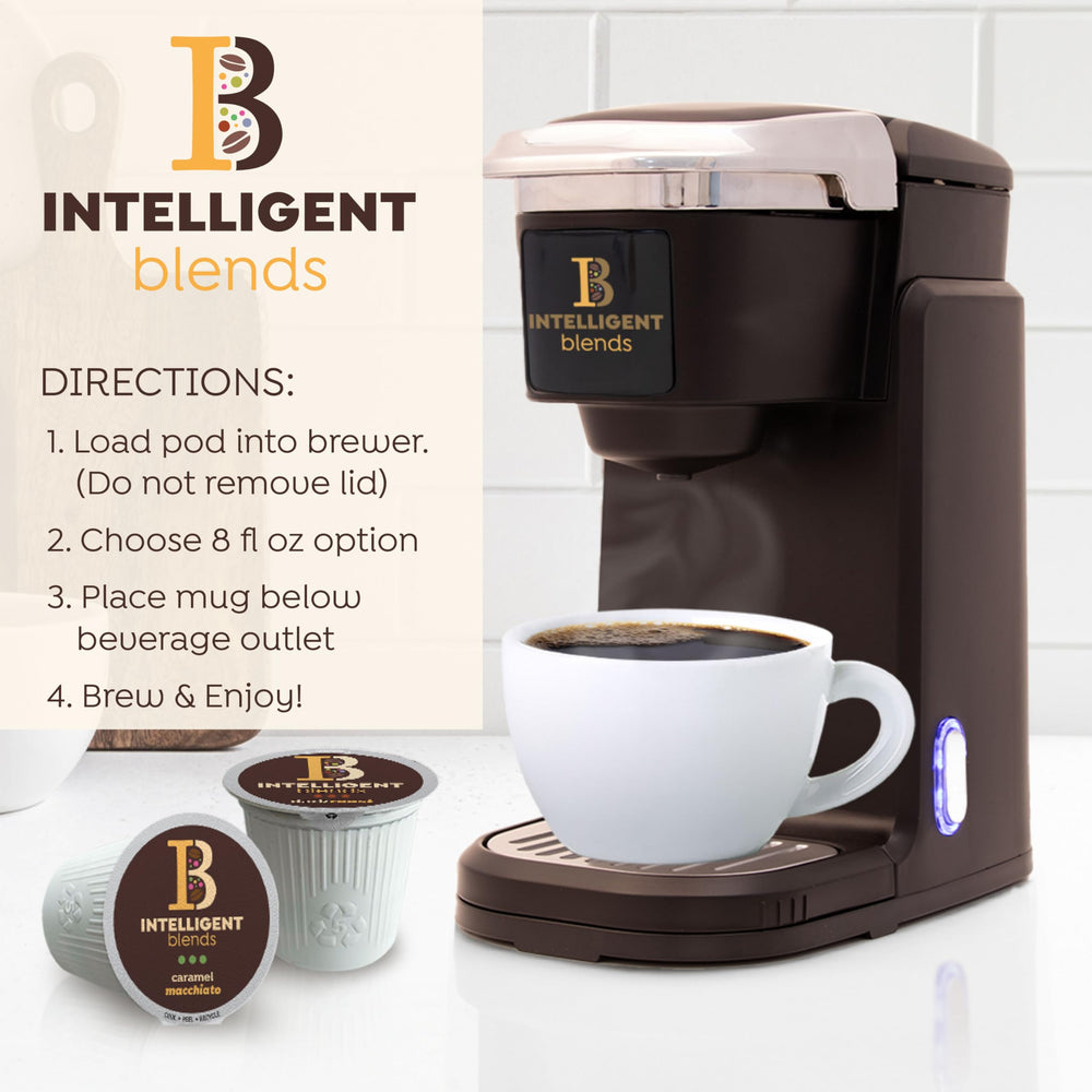 Box of Intelligent Blends Caramel Macchiato organic arabica pods for a café-style treat.