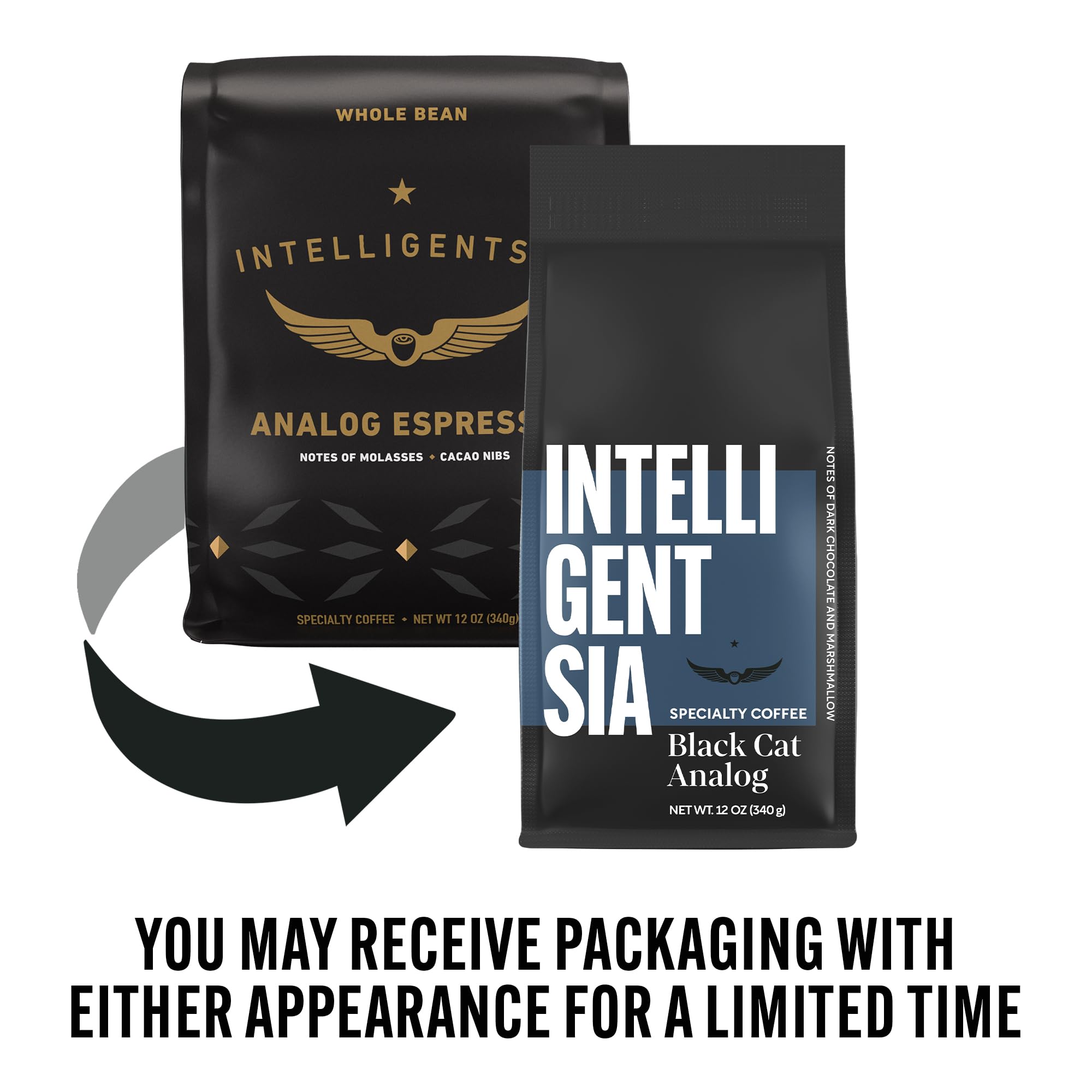 Intelligentsia Black Cat Analog bag close-up featuring direct trade and freshness.