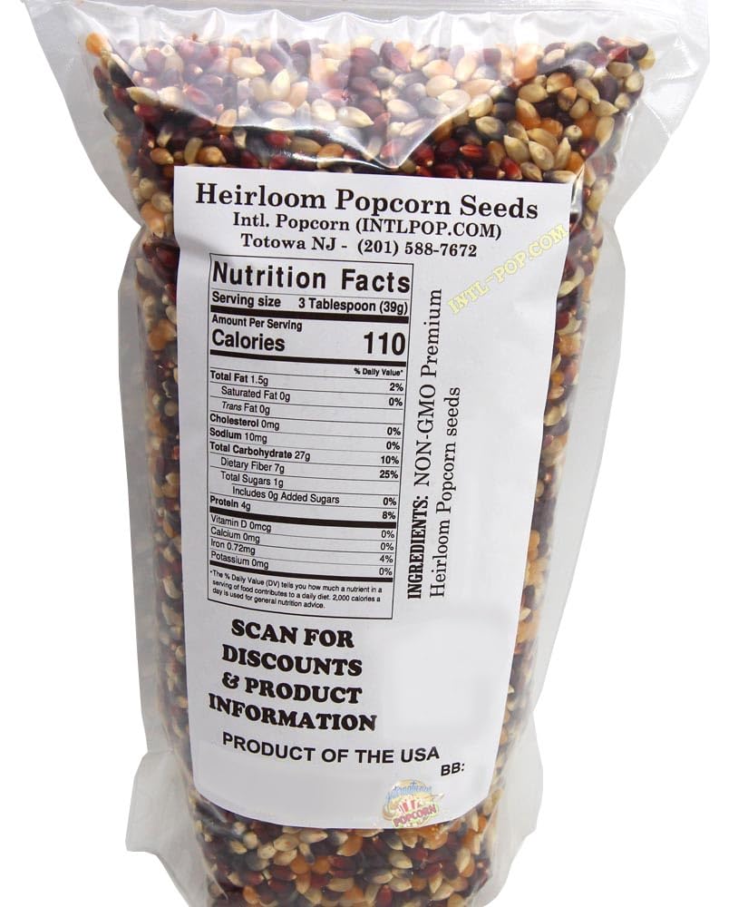 International Popcorn Heirloom packaging highlights gluten-free and vegan options.