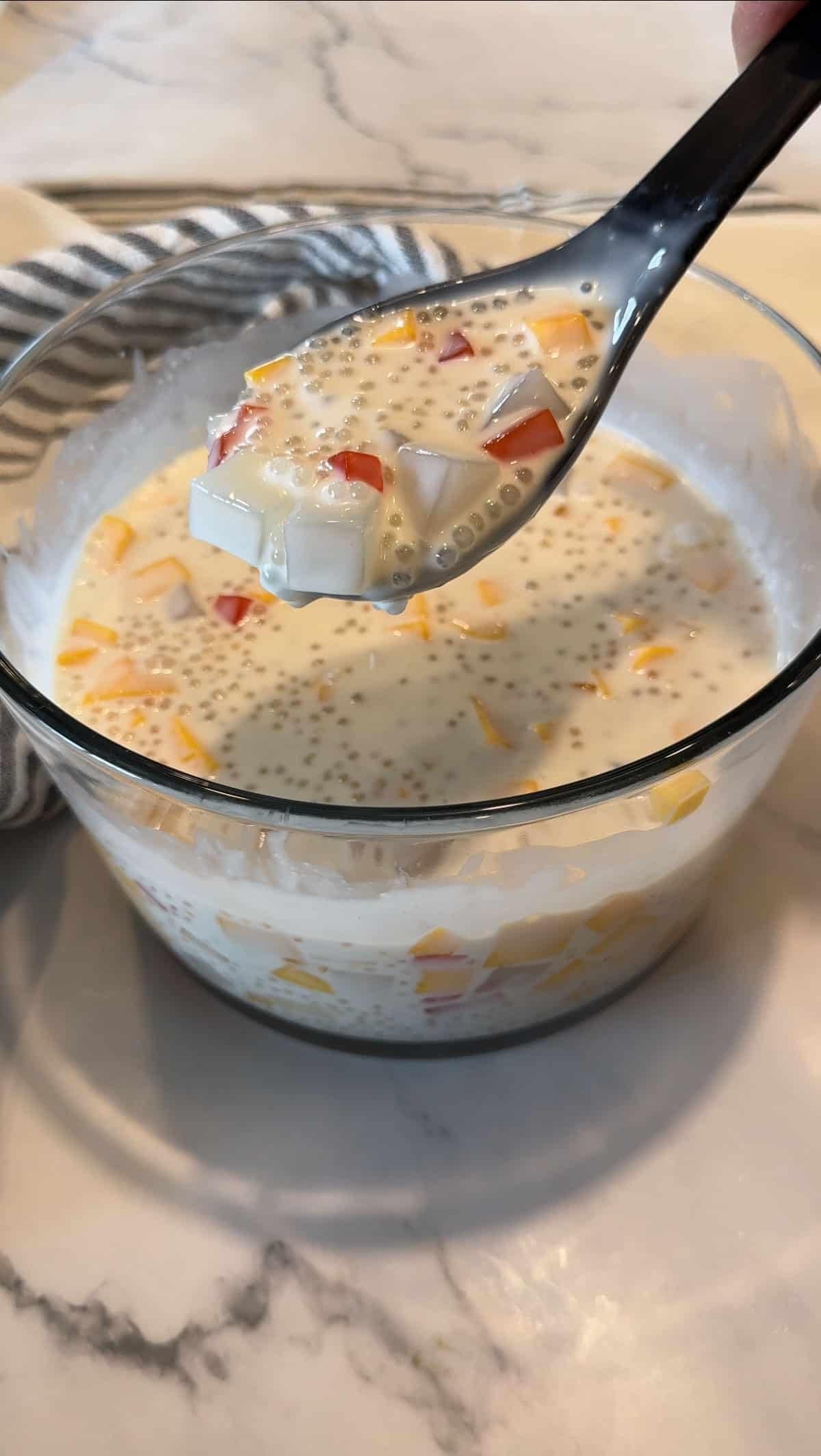 International Popcorn tapioca pudding preparation close-up showing texture