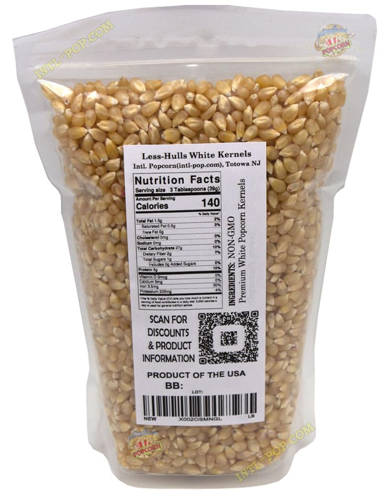 Close-up of International Popcorn White Hulless kernels ready for air popping.