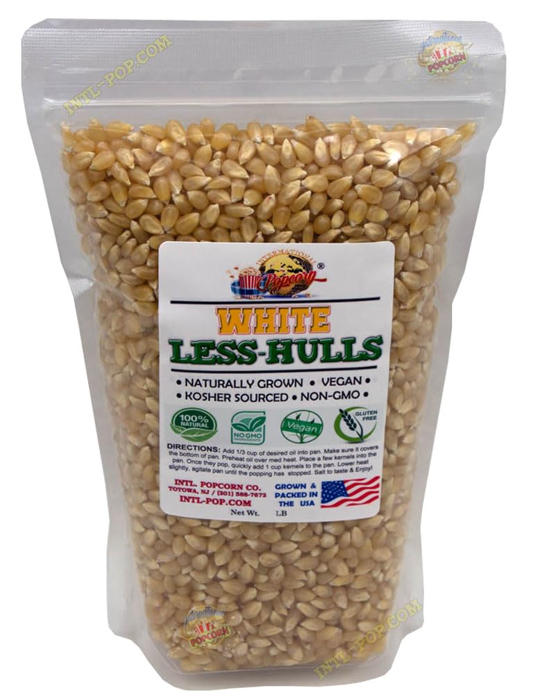 International Popcorn White Hulless kernels in resealable bag for fresh, easy snacking.