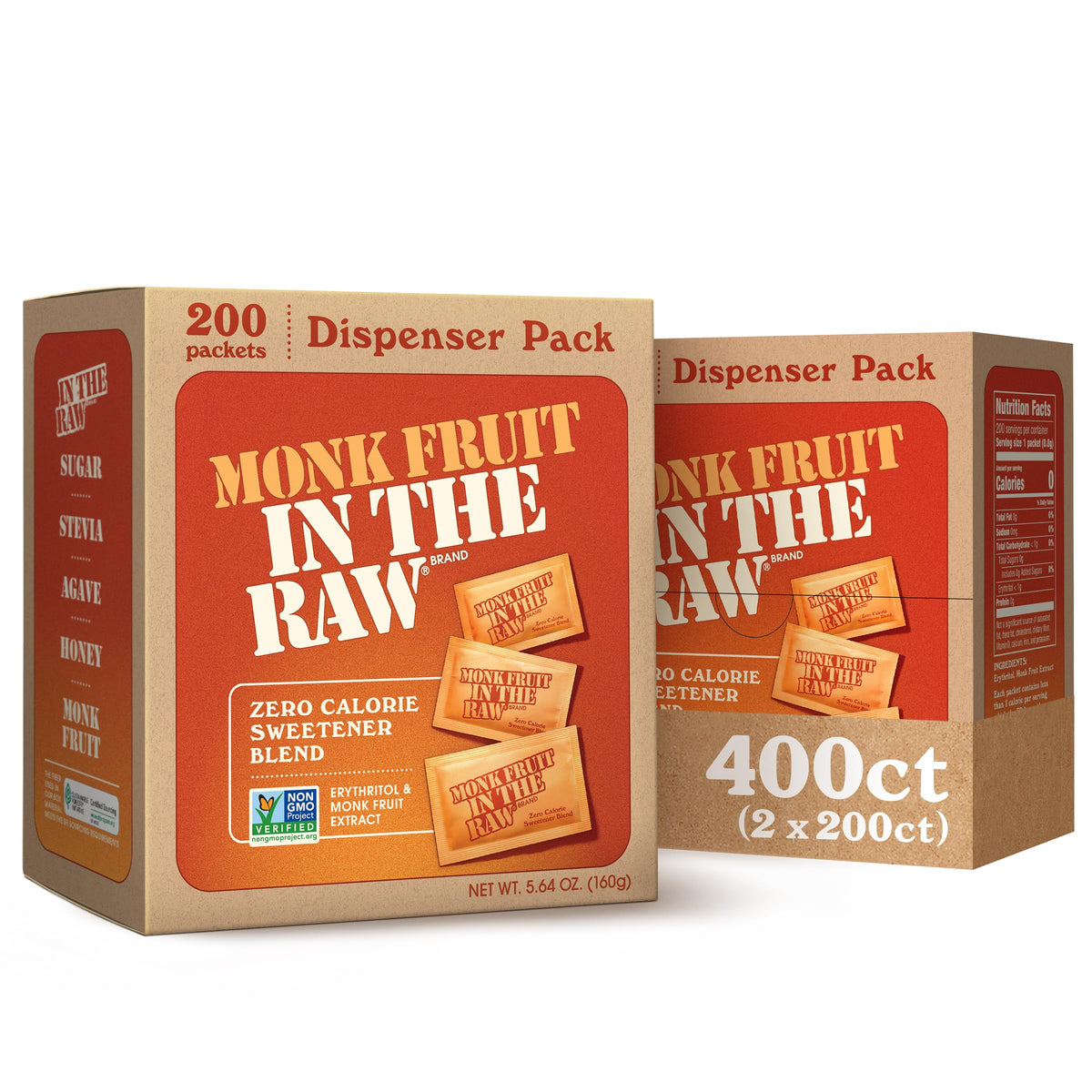 IN THE RAW Monk Fruit Packets front packaging highlights zero calories and convenience.