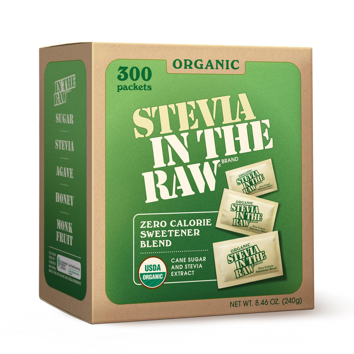 IN THE RAW Organic Stevia Packets in a box, zero-calorie sweetness for coffee and snacks.