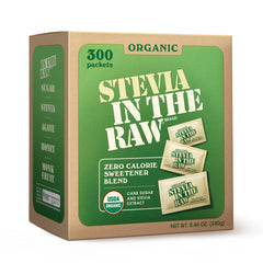 IN THE RAW Organic Stevia Packets in a box, zero-calorie sweetness for coffee and snacks.