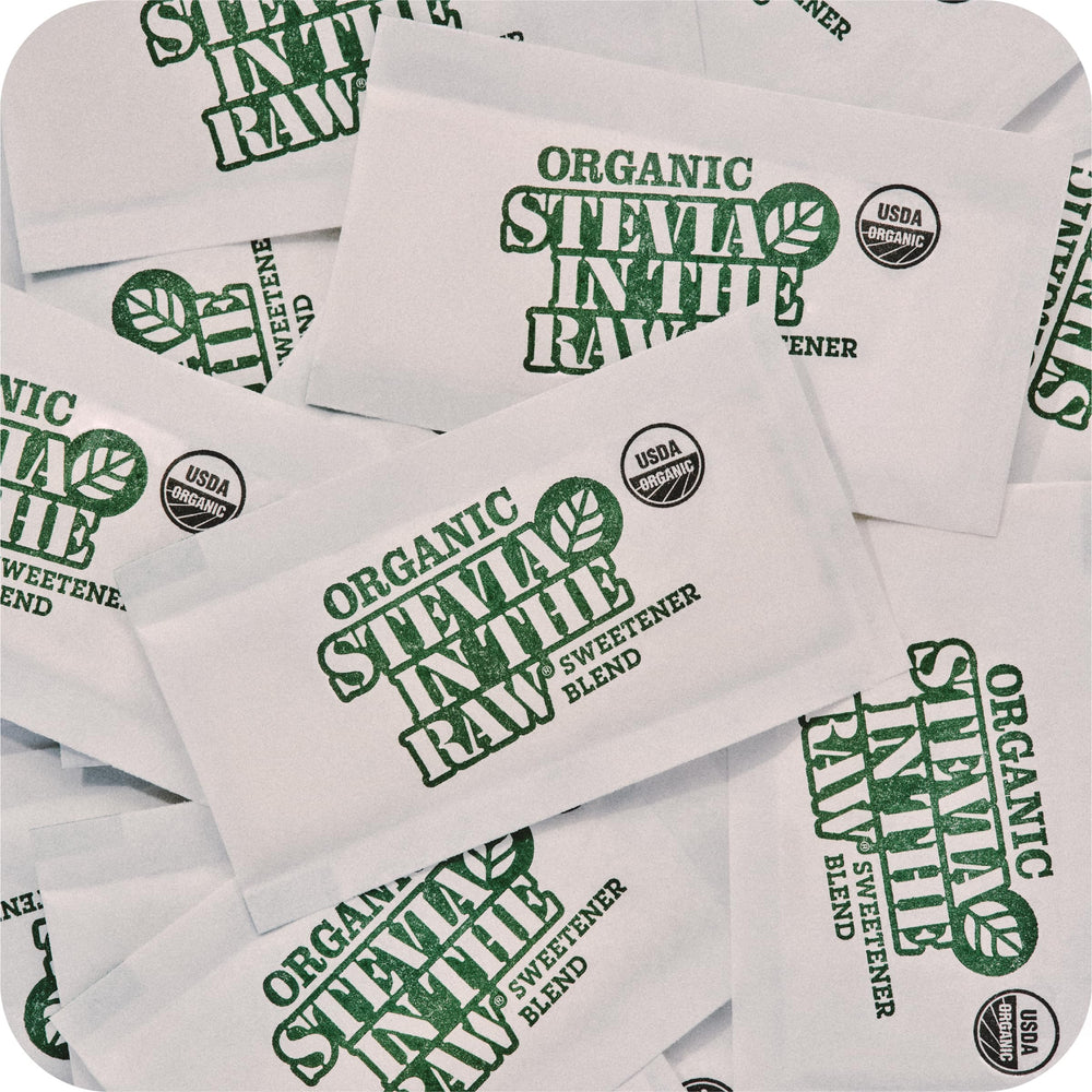 IN THE RAW Organic Stevia Packets stirred into coffee for a zero-calorie treat.