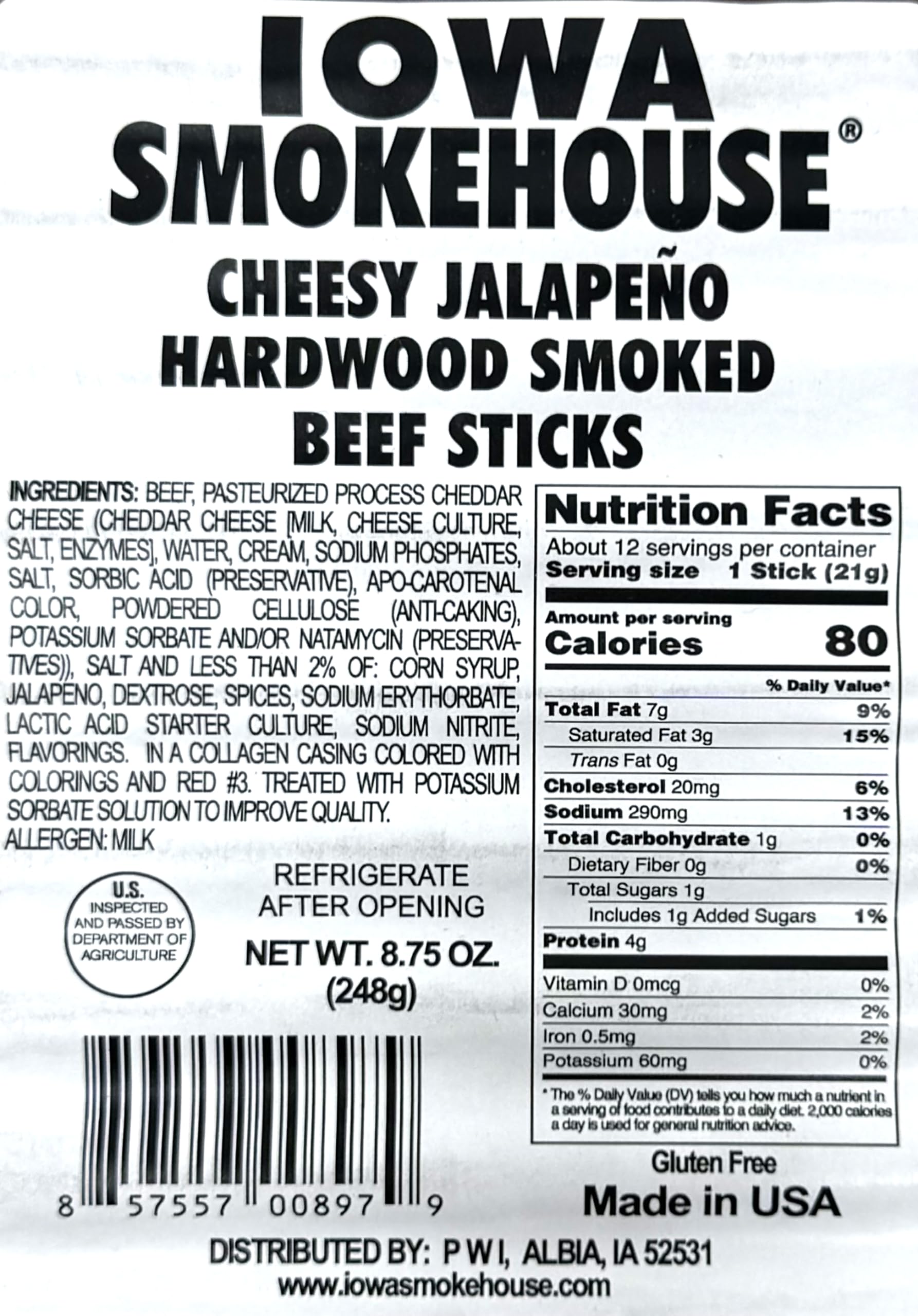 Iowa Smokehouse beef stick with cheddar and jalapeño, ideal lunchbox addition.