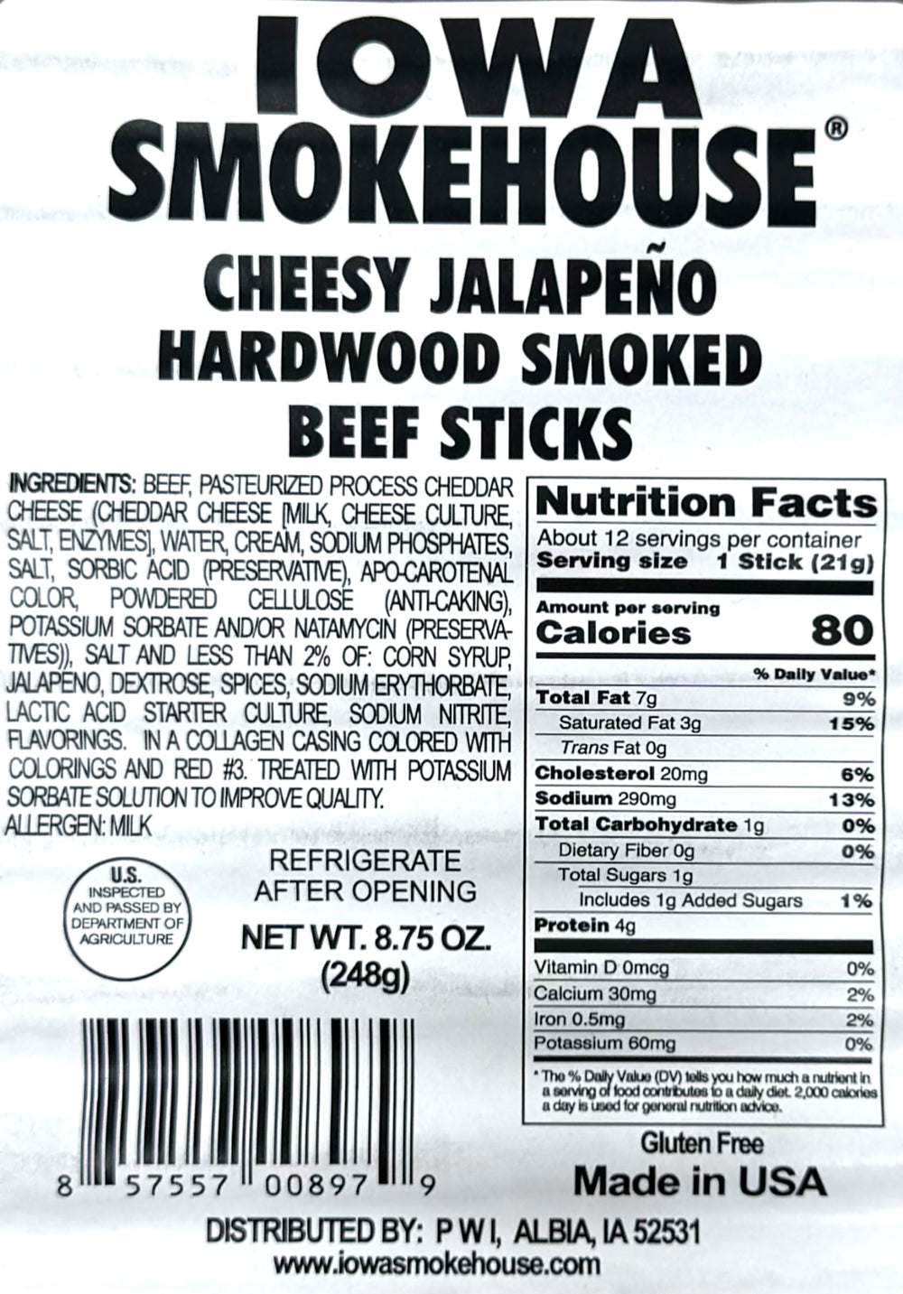Iowa Smokehouse beef stick with cheddar and jalapeño, ideal lunchbox addition.