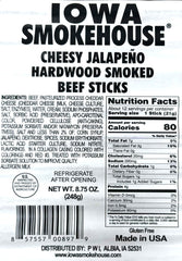 Iowa Smokehouse beef stick with cheddar and jalapeño, ideal lunchbox addition.