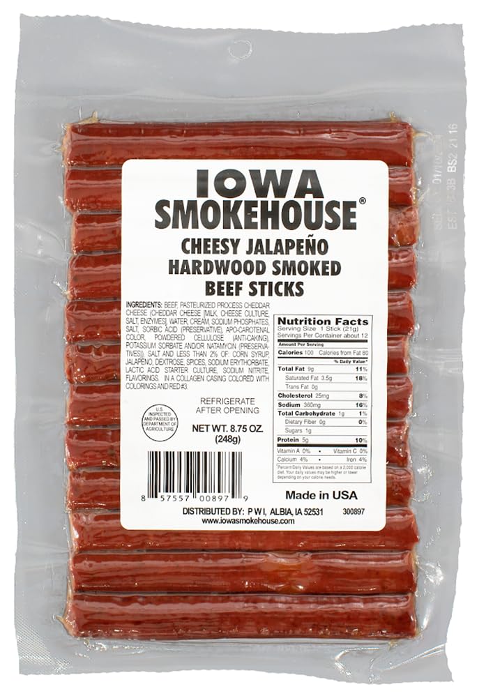 Iowa Smokehouse cheesy jalapeño beef stick with hickory smoke, perfect grab-and-go snack.