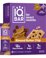 IQBAR Almond Butter Chip bar close-up, showcasing high protein and clean ingredients