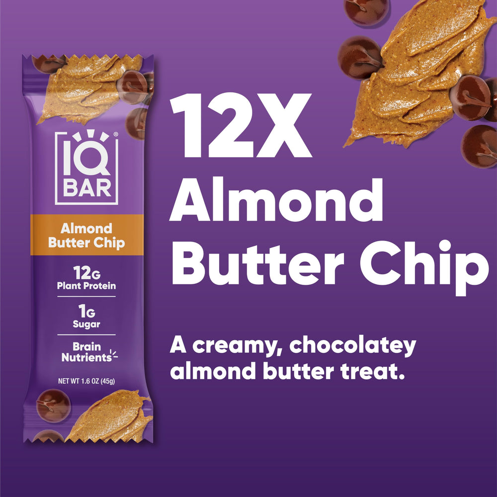 IQBAR Almond Butter Chip bar on a desk, ideal for focus during work