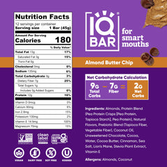 IQBAR Almond Butter Chip bar packaging with clean-label details for keto and vegan diets