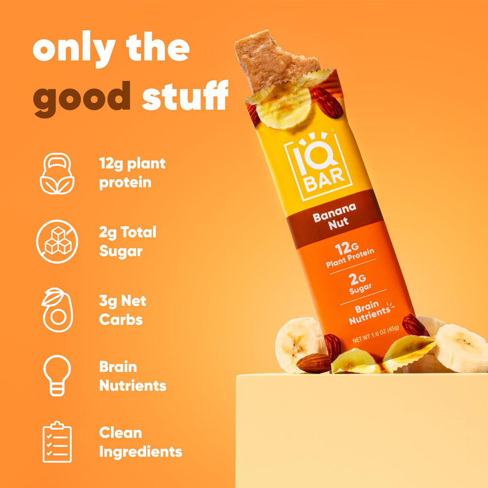 IQBAR Banana Nut nutrition panel communicates low sugar and high protein.