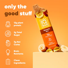 IQBAR Banana Nut nutrition panel communicates low sugar and high protein.