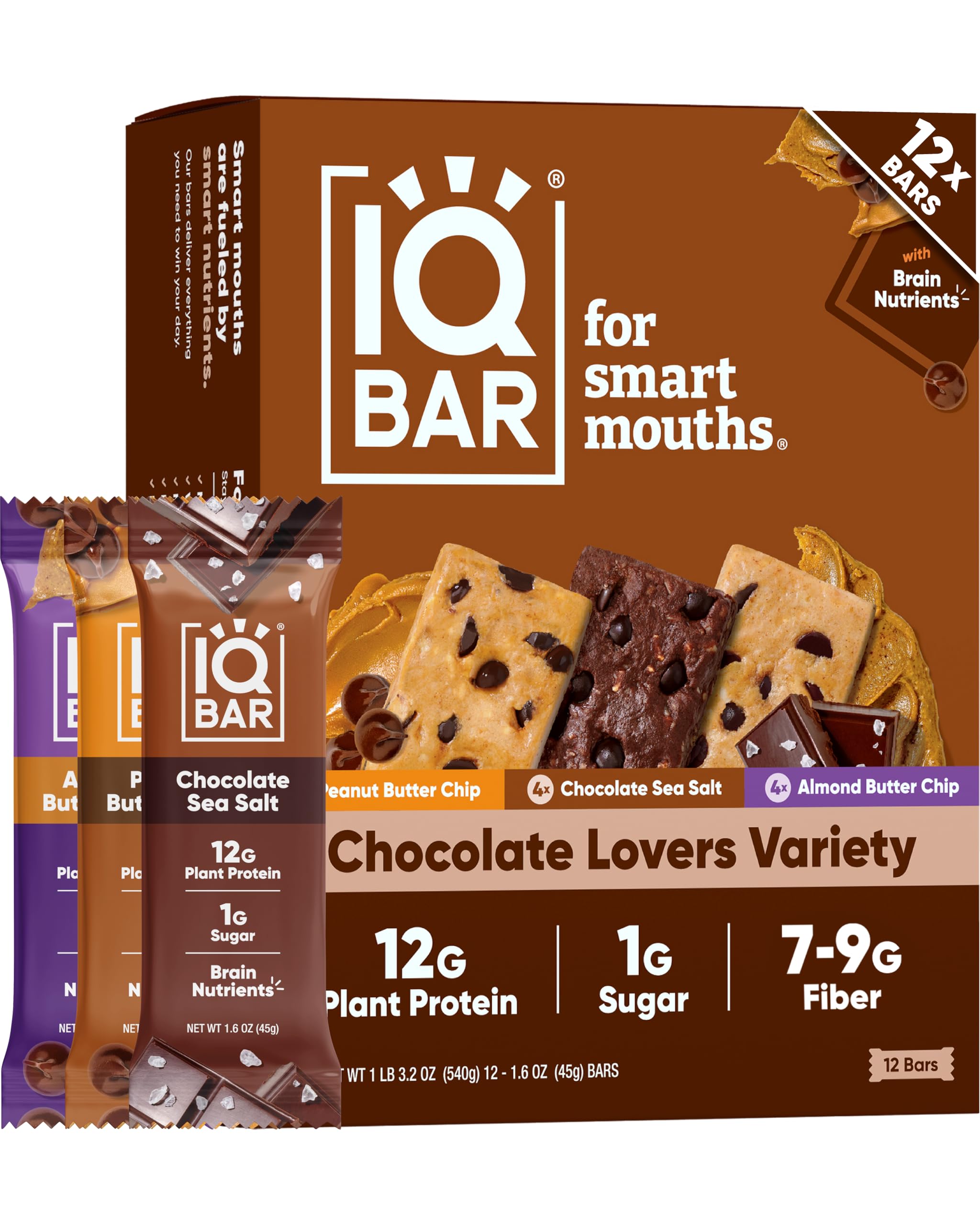 IQBAR Chocolate Lovers bar front view, a protein-packed on-the-go snack for focus.