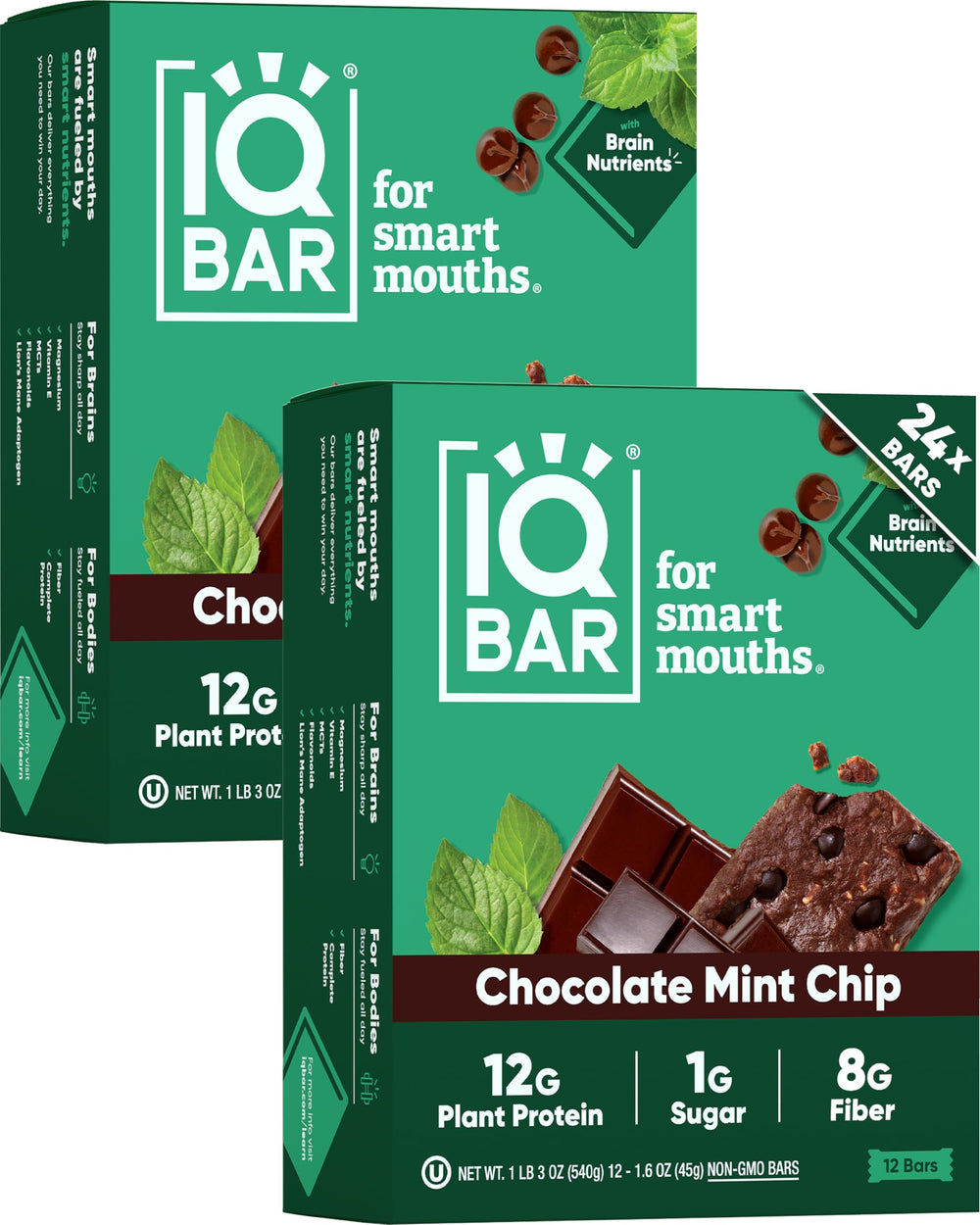 IQBAR Chocolate Mint Chip bar front view for on-the-go focus.