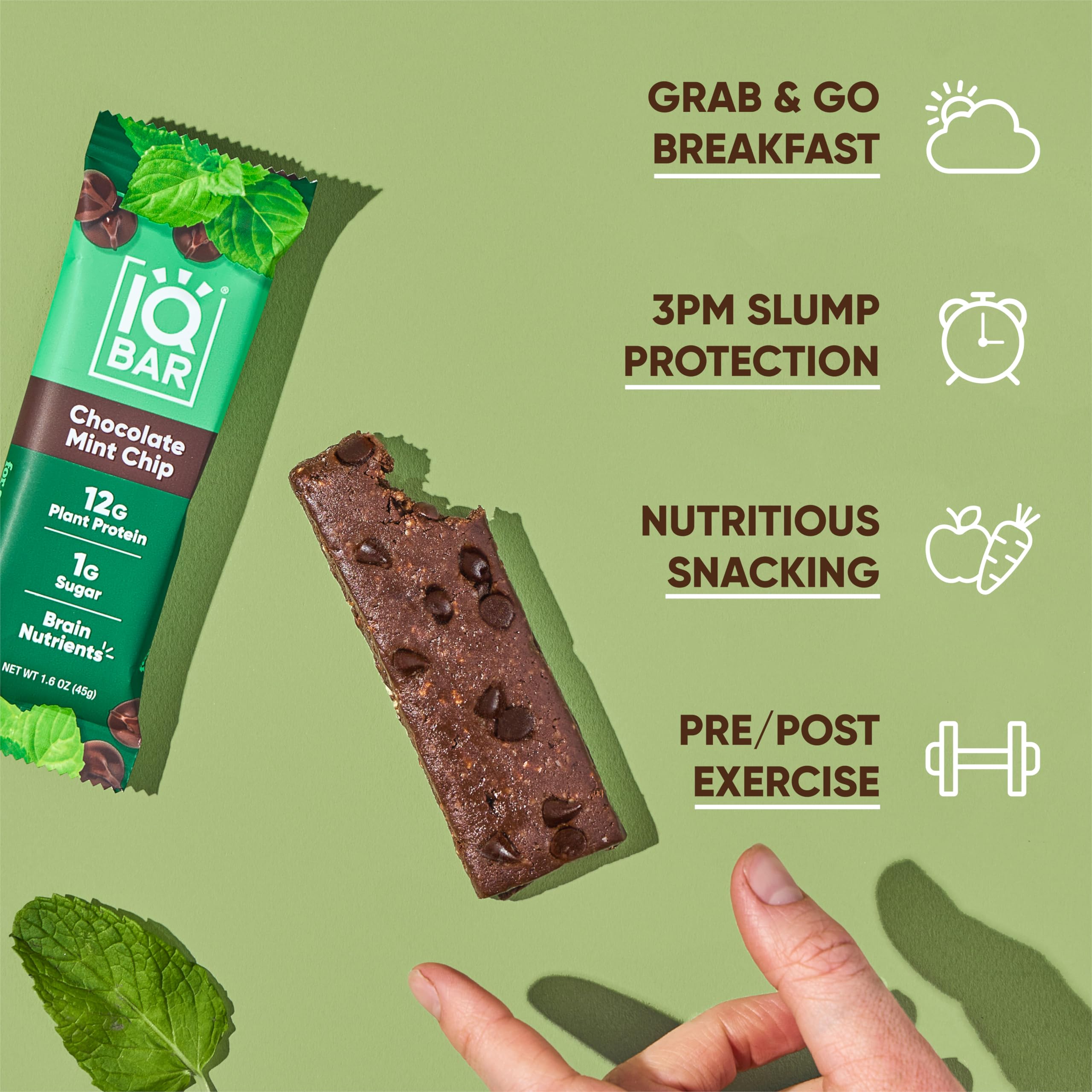 IQBAR Chocolate Mint Chip bar on a desk for a work break.