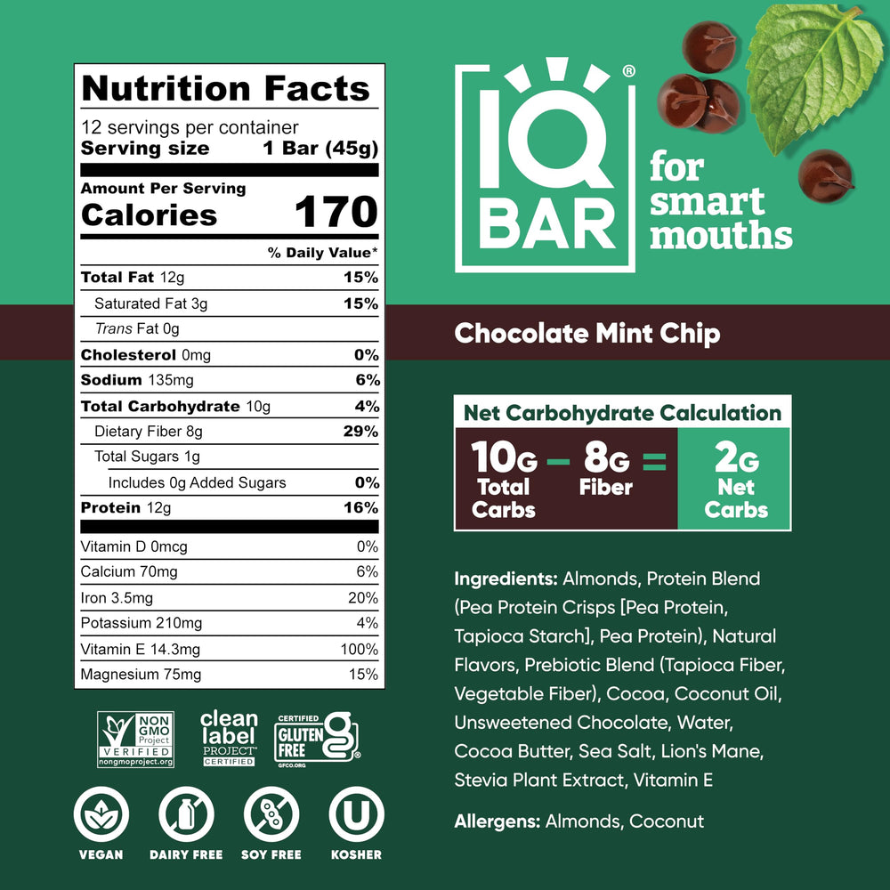 IQBAR Chocolate Mint Chip bar bite ready for a quick energy lift.