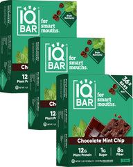 IQBAR Clean Plant Protein Bar Chocolate Mint Chip package shown for keto-friendly snacking.